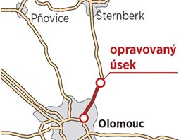 Mapka s vyznaenm opravovanm sekem vpadovky z Olomouce na ternberk