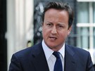 Britský premiér David Cameron na tiskové konferenci ped svým sídlem v Downing