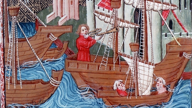 Ilustrace z knihy Milion Marca Pola. Setkání s indickou lodí.