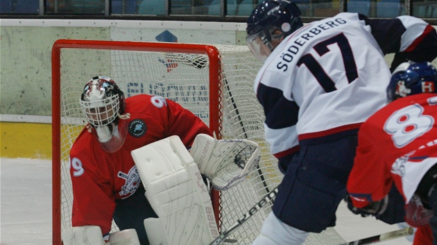 Úto�ník Linköpingu Söderberg st�ílí na gólmana Pardubic R��i�ku.