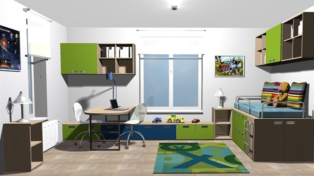 První varianta eení pokoje pro dva chlapce. V interiéru pevládá zelená barva.