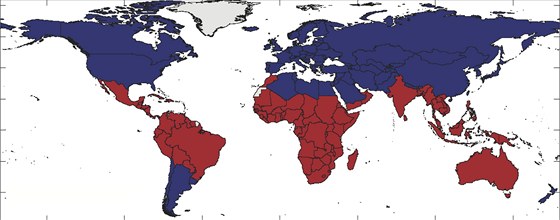 Rozdělení zemí ovliněných (červeně) či neovlivněných El Ninem použité v nové