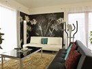 Obývací pokoj: bílé koené sofa vyniká na pozadí tapety, která velkými kvty v