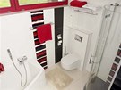 Design koupelny se rovn nese v erno-erveno-bílém provedení (RAKO, série