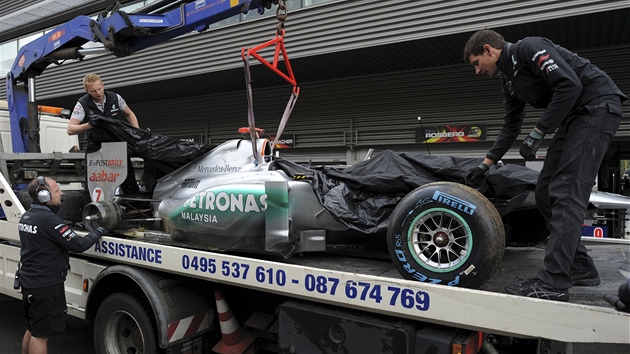 Havarovaný vz Michaela Schumachera v belgickém Spa-Francorchamps.