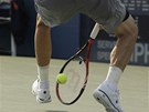 TRIK. Americk tenista Mardy Fish trefil mek mezi nohama.