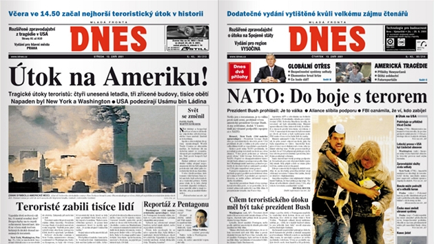 Titulní strany MF DNES z 12. 13. a 14. záí 2001