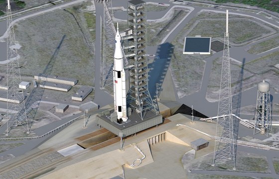 Ilustrace raketového nosie SLS na startovací ramp