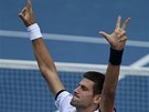 POTETÍ. Prsty srbského tenisty Novaka Djokovie ukazují k nebi íslo ti.