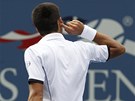 NESLYÍM VÁS. Srbský tenista Novak Djokovi gestikuluje smrem k divákm v