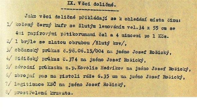 Pedmty doliné nalezené na míst smrti Josefa Roického