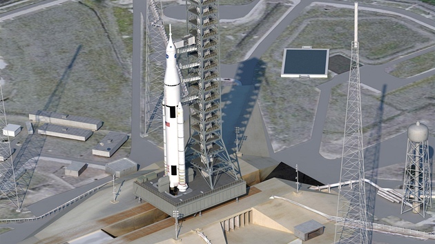 Ilustrace raketového nosiče SLS na startovací rampě