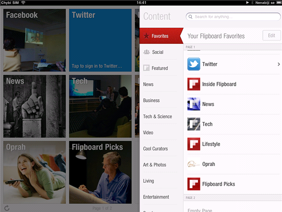 Pvodn verze Flipboardu pro iPad. Lita s vyhledvnm zdroj a klovmi...
