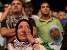 Palestinka pláe pi projevu pedsedy palestinské samosprávy Mahmúda Abbáse v