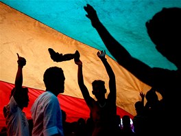 Úastníci pochodu za práva homosexuál Gay Pride Parade kráejí brazilskou