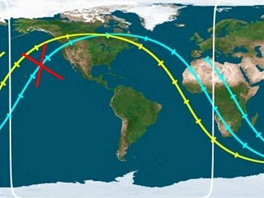 Msto dopadu satelitu UARS do Tichho ocenu mezi Havaj a stt Oregon.