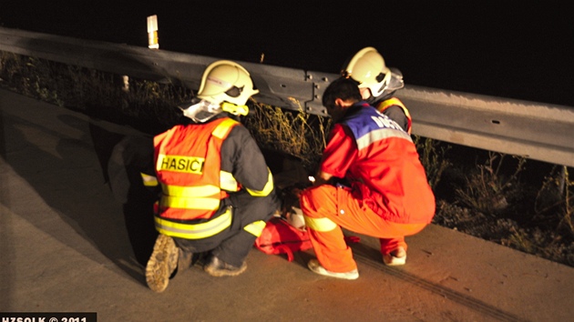 Hasiči a zdravotníci u nehody mikrobusu na dálnici D1 u Hranic na Přerovsku