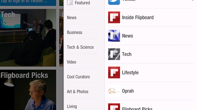 Pvodní verze Flipboardu pro iPad. Lita s vyhledáváním zdroj a klíovými...