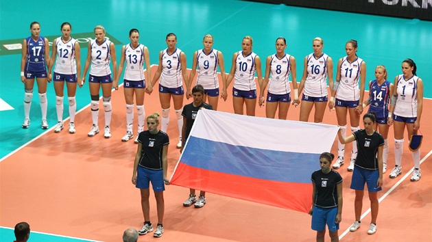 Ruské volejbalistky ped tvrtfinále mistrovství Evropy s Tureckem.