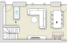 Pdorys domu: 1/ obývací ást, 2/ jídelna, 3/ kuchy, 4/ koupelna + WC 
