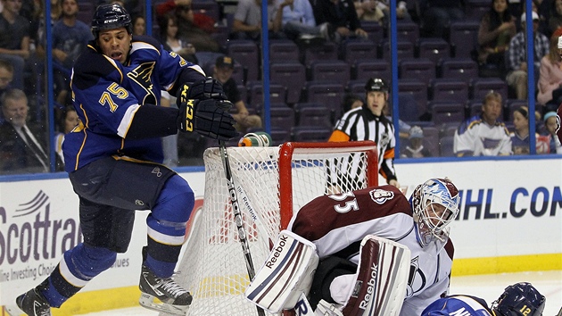 HOP A SKOK. Jako kdyby na led uvidl hada se tváí Ryan Reaves ze St. Louis,