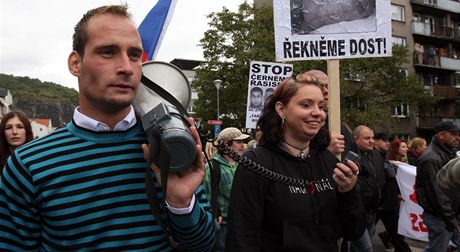 Luká Kohout je aktivní také na protiromských demonstracích.