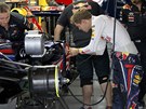 Sebastian Vettel ped tréninkem na Velkou cenu Japonska kontroluje nastavení