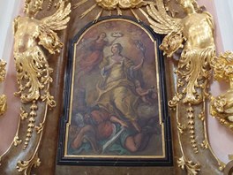Obraz sv. Barbory, replika zhotovená podle fotografie, v kostele Nejsvětější