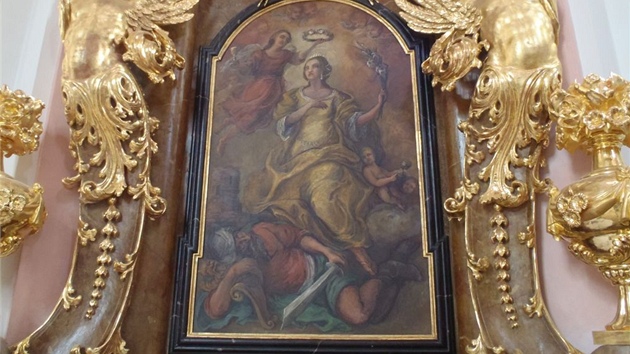Obraz sv. Barbory, replika zhotovená podle fotografie, v kostele Nejsvtjí