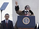 Ped projevem Baracka Obamy zazpívala Aretha Franklin. (16. íjna 2011)
