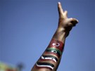 Demonstrant s namalovanými vlajkami Jemenu, sýrie, Lýbie a Tuniska na ruce