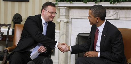 Premiér Petr Neas pi setkání s americkým prezidentem Barackem Obamou ve