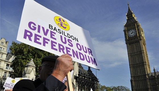 Stoupenci konání referenda demonstrovali ped britským parlamentem