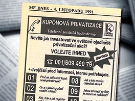 Inzerce infolinky ke kupnov privatizaci (MF DNES, 4. listopadu 1991)