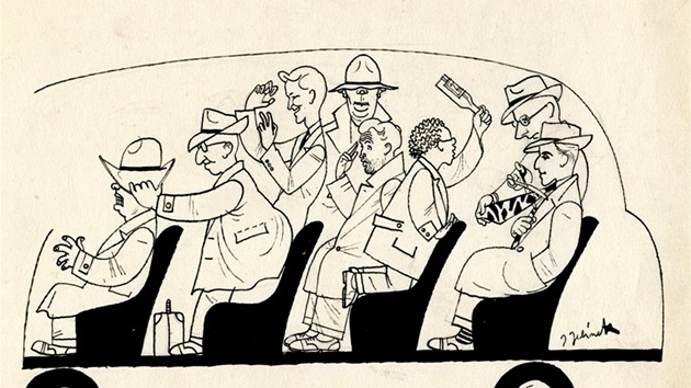 Ilustrace J. Jelínka k článku o zájezdech Vlachova orchestru v časopise Jazz z