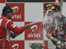 DOSTANE SPRCHU! Fernando Alonso (vlevo) a Jenson Button (vzadu) kropí na