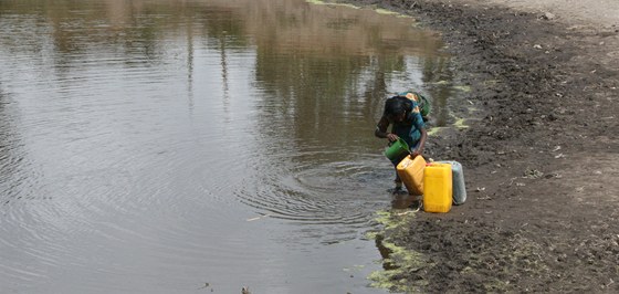 Etiopanka nabírá vodu z jezírka ve vsi Jeje nedaleko msta Alaba.
