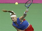 NA PODÁNÍ. Petra Kvitová servíruje v utkání fedcupového finále proti Rusce