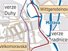 Zatímco radnicí schválená trasa nové tramvajové trat vede podél eky Moravy,
