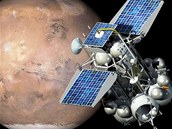 Ilustrace sondy Fobos-Grunt na oběžné dráze kolem Marsu. Samotný Phobos je