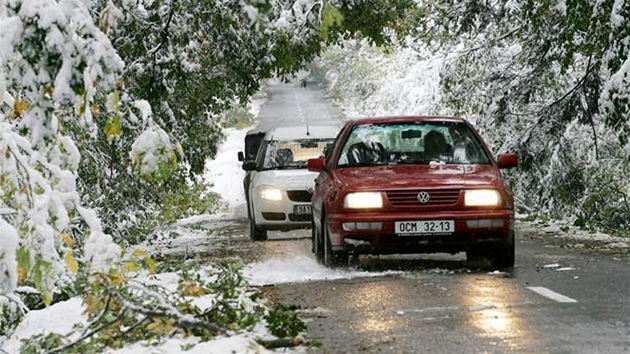 T�ký mokrý sníh lámal a ohýbal v�tve strom� na Olomoucku. (15. �íjna 2009)