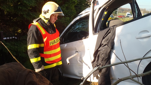 Nehoda kody Octavia v Trlicku-Hraditi na Karvinsku, pi kter vozem, kousek od idie, projelo zbradl. (8. listopadu 2011)
