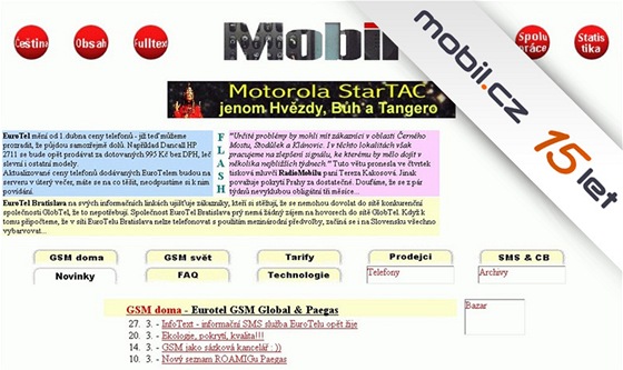 První design Mobil.cz z první poloviny roku 1997