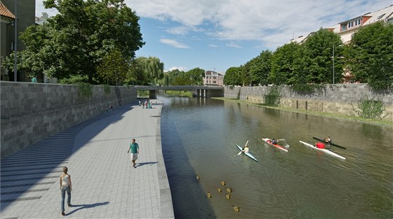 Po dokonení protipovodových opatení v centru Olomouce bude koryto eky bohatí o nové rameno, dva ostrovy i náplavku (vizualizace budoucí podoby - pohled z Blahoslavovy ulice ped kostelem proti proudu).