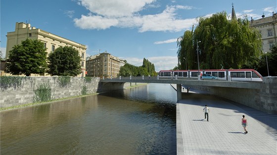 Vizualizace vzhledu mostu na Masarykov tíd po pestavb v rámci budování protipovodových opatení. Architektm se nelíbí, vadí jim napíklad výrazná betonová "ebra" konstrukce.