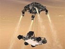 Pistání vozítka Curiosity na povrchu Marsu na ilustraci. Vzhledem k hmotnosti...