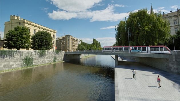 Vizualizace pohledu na koryto řeky Moravy v Olomouci z Blahoslavovy ulice u Vrchního soudu po protipovodňových úpravách a vzniku náplavek.