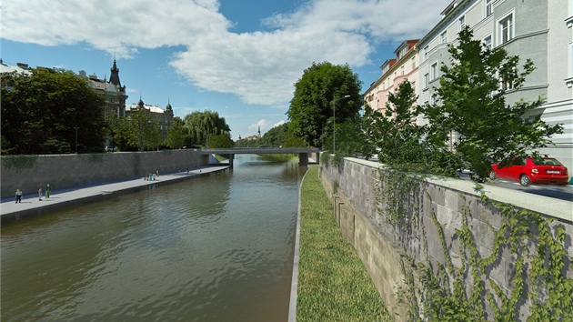 Vizualizace pohledu na koryto eky Moravy v Olomouci z ulice Nbe proti proudu po protipovodovch pravch a vzniku nplavek.