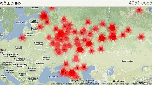 Internetová mapa organizace Golos, kde mohou Rusové hlásit poruení volebních...