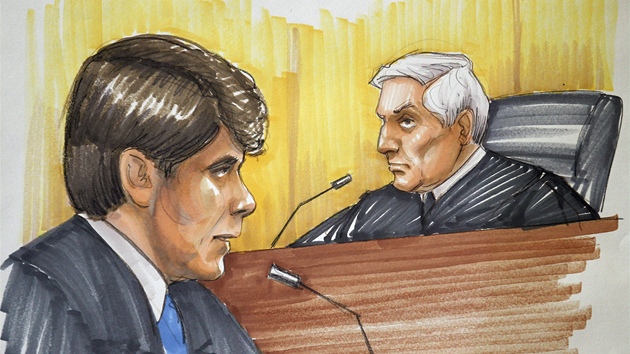 Rod Blagojevich v soudní síni hovoí se soudcem Jamesem Zagelem (7. prosince